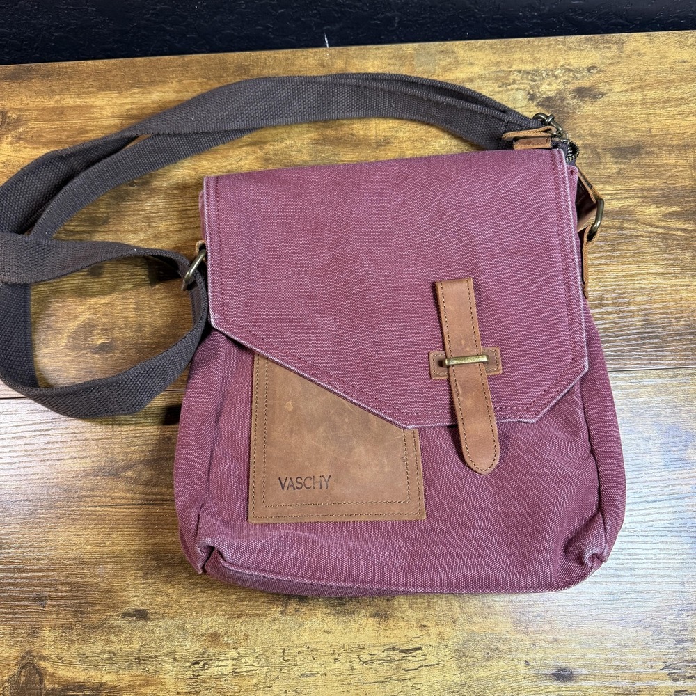 Vaschy Vintage Canvas Messenger Bag Burgundy Purple Leather Trim Crossbody Bag
